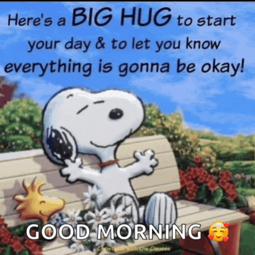 a picture of snoopy and woodstock sitting on a bench with a message that says good morning