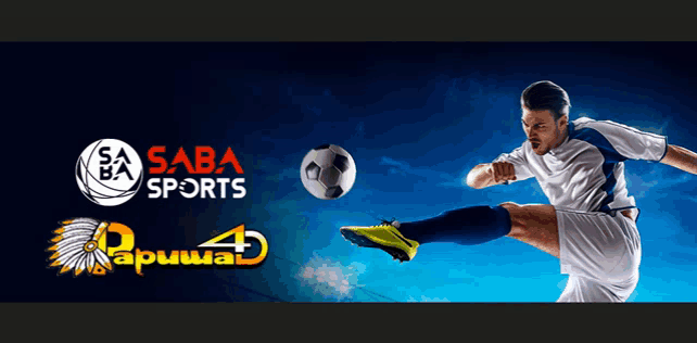 a soccer player is kicking a soccer ball with the words saba sports behind him