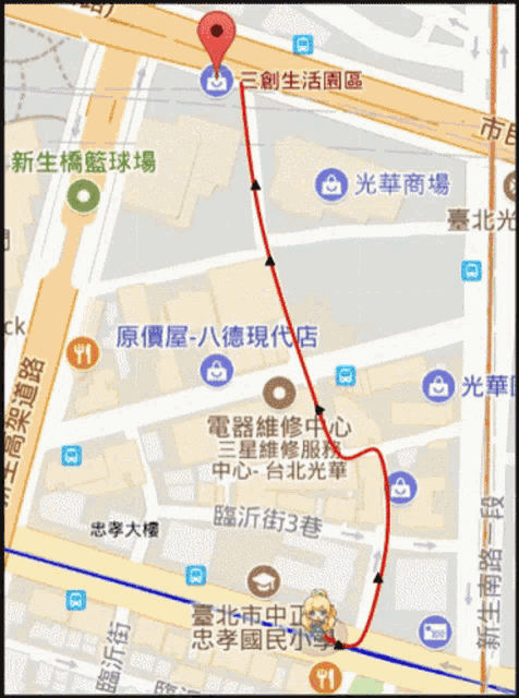 a map shows a red line going to a building with chinese writing on it