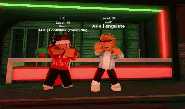 two roblox characters are standing next to each other in front of a green light