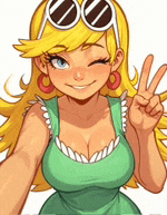 a cartoon girl is wearing sunglasses and a green dress and giving a peace sign .