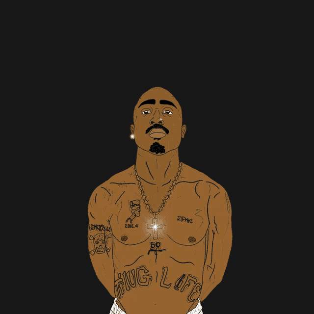 a drawing of a man with a tattoo on his chest that says " thug life "