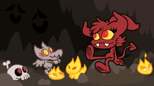 a cartoon drawing of a devil surrounded by skulls and flames