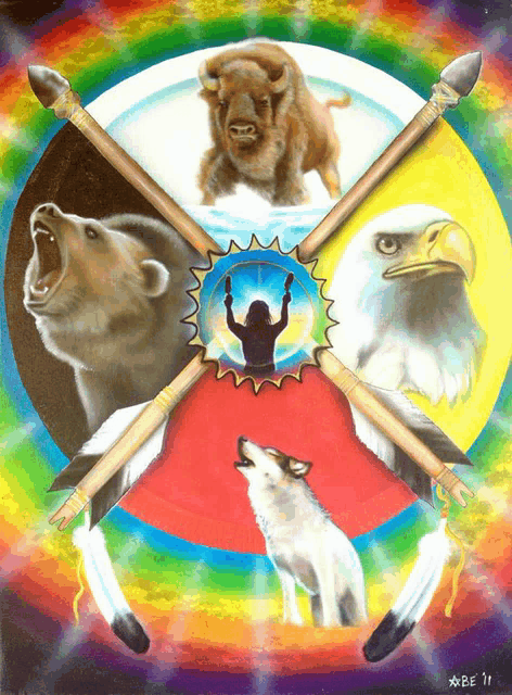 a painting of a wolf a bison a bear and an eagle with the year 2011 on the bottom right