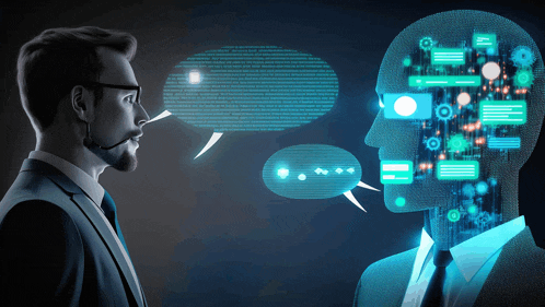 a man talking to a robot with speech bubbles coming out of his mouth