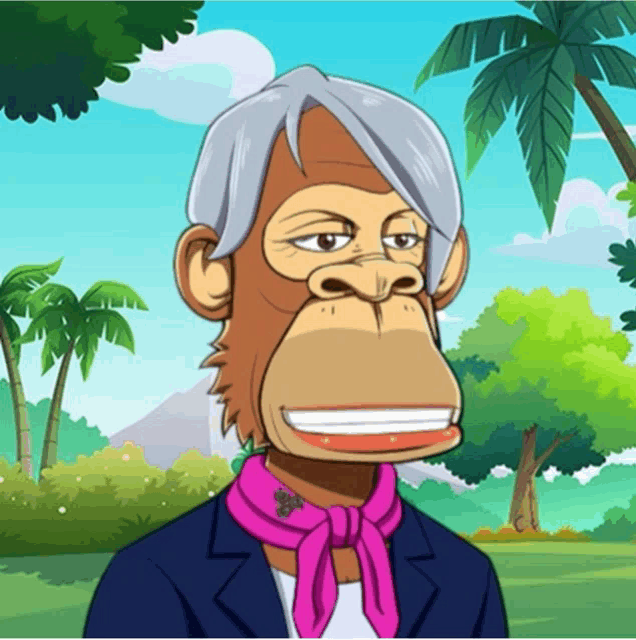 a cartoon monkey wearing a pink scarf and a blue jacket