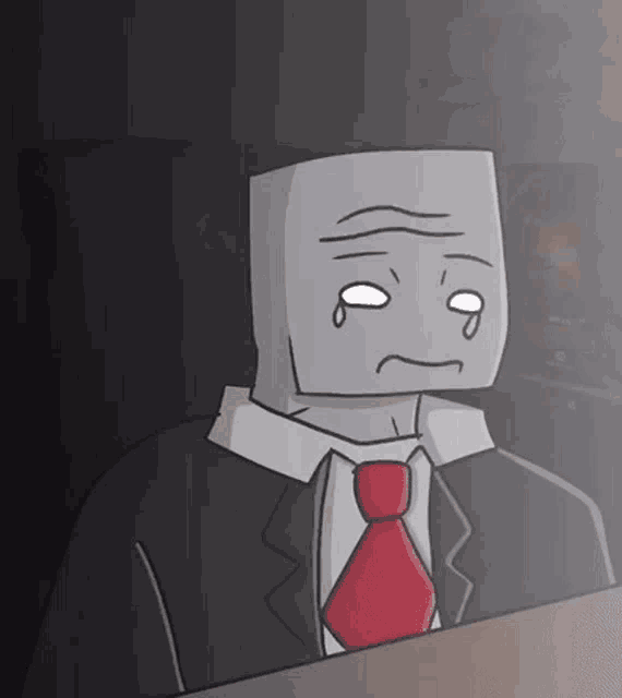 a cartoon of a man in a suit and tie with a box on his head crying .