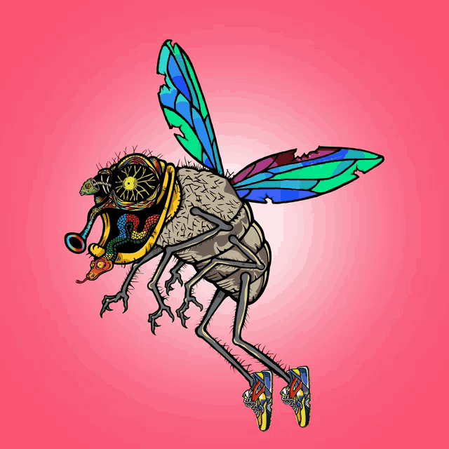 a drawing of a fly with a snake and a clock on its head