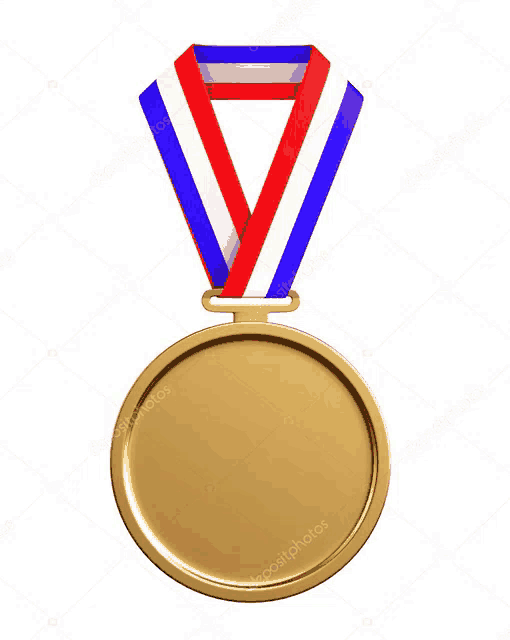 a gold medal with a red white and blue ribbon on a white background