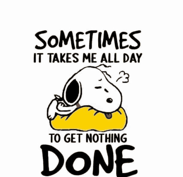 snoopy is sleeping on a pillow with the words `` sometimes it takes me all day to get nothing done ''