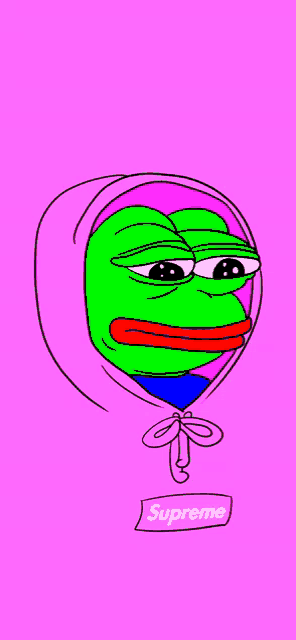 a cartoon of a frog wearing a pink hoodie with the word supreme on it