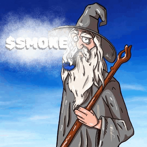 a cartoon of a wizard smoking a pipe while holding a cane .