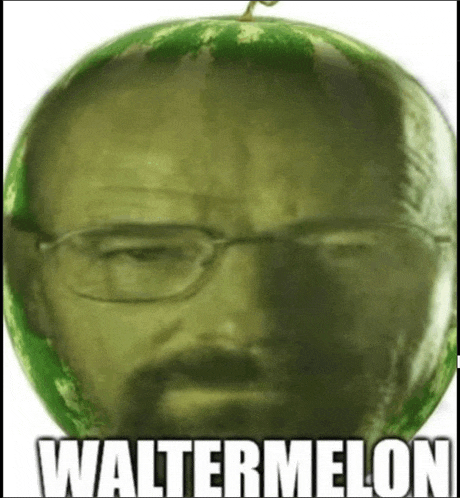 a watermelon with a man 's face on it and the words waltermelon