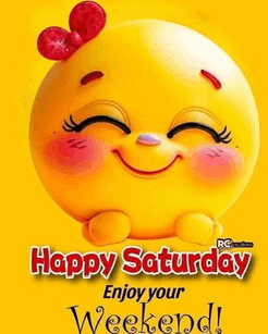 a happy saturday smiley face with a red bow on its head