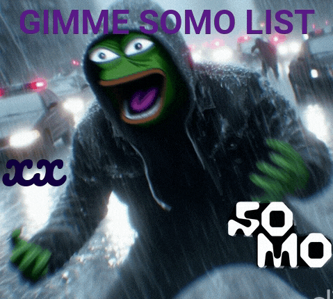 a picture of a frog with the words gimme somo list on the bottom