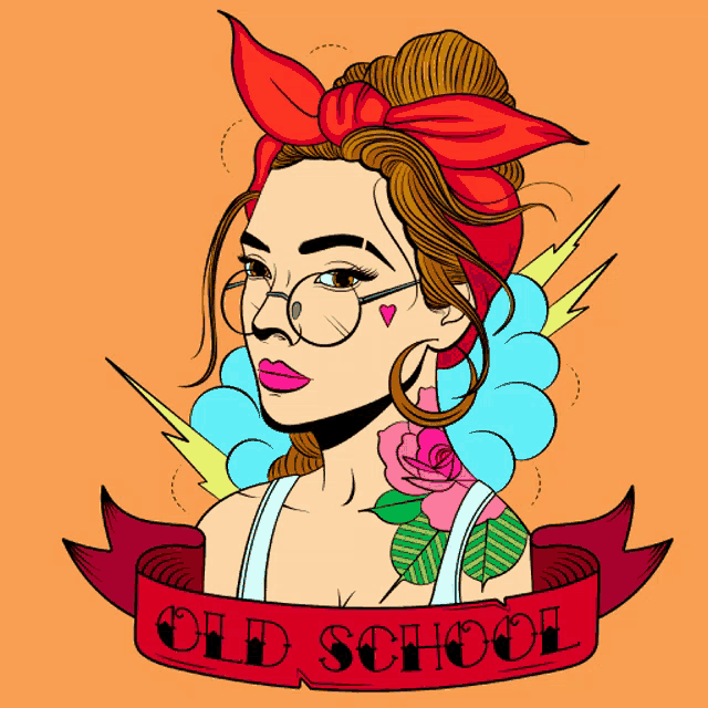 an illustration of a woman with glasses and a red headband with the words old school written on it