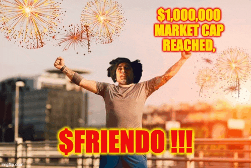 a man celebrates with fireworks behind him and the words $ 1,000,000 market cap reached $friendo !!!