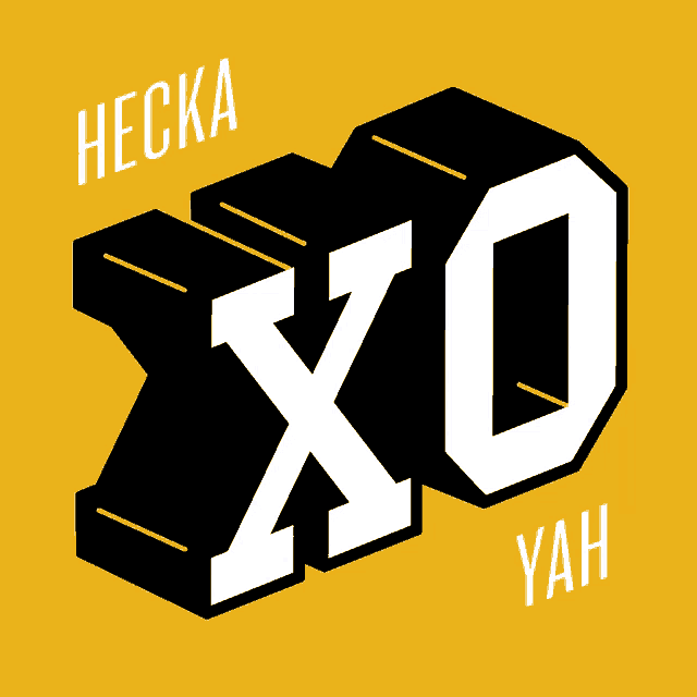 a yellow background with hexka xo yah written in white letters