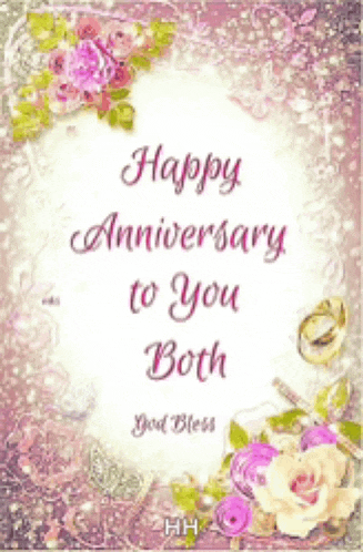 a happy anniversary to you both card with flowers and rings