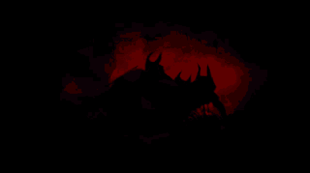 a red background with a silhouette of a monster with three heads