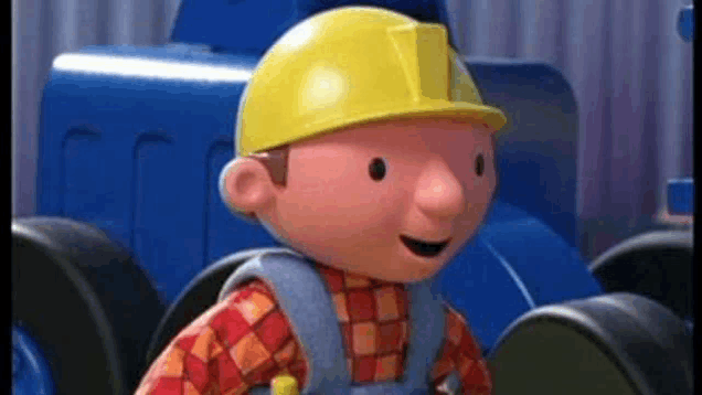 bob the builder is wearing a yellow hard hat and overalls while standing next to a blue tractor .