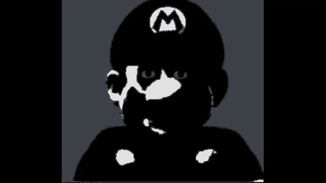 a black and white drawing of mario with a white letter m on his hat