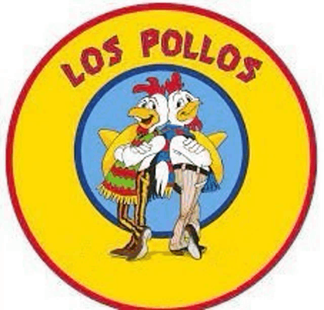 the logo for los pollos is a cartoon of two chickens standing next to each other in a circle .