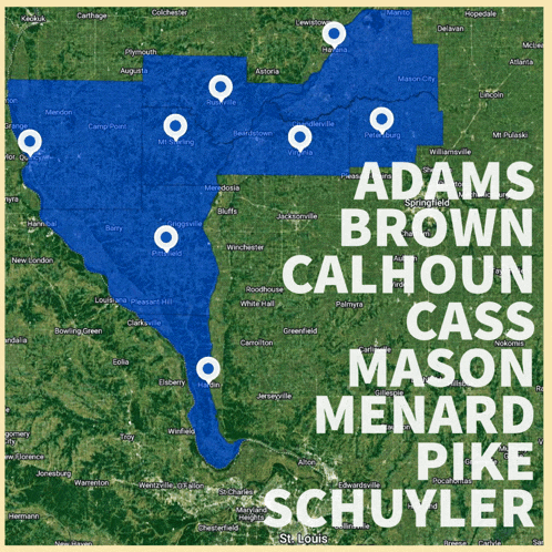 a map showing the names adams brown calhoun cass mason menard pike schuyler