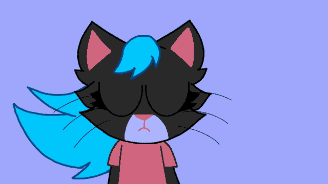 a black cat with blue hair is wearing a pink shirt and has its eyes closed