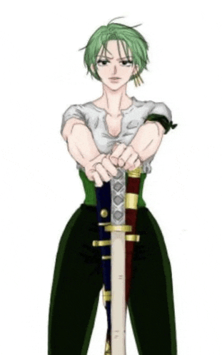 a woman with green hair is holding a sword between her arms .