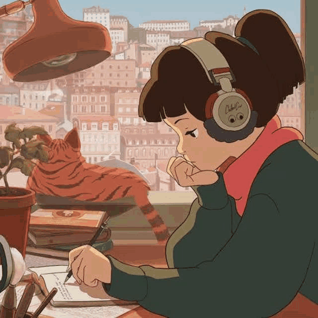 a girl wearing headphones is sitting at a desk writing in a notebook while a cat sits on a window sill .