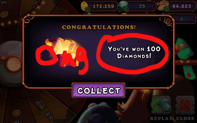 a screen that says congratulations you 've won 100 diamonds and a collect button