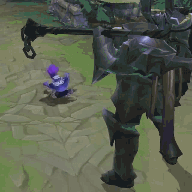 a video game character is holding a sword and a purple glowing object