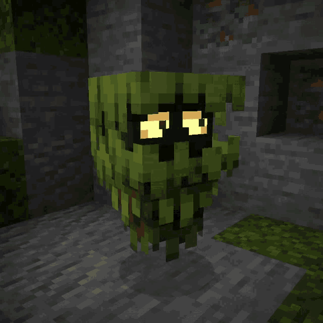 a minecraft character with glowing eyes is standing in front of a stone wall