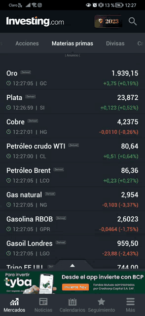 a screenshot of the investing.com app showing a list of stocks