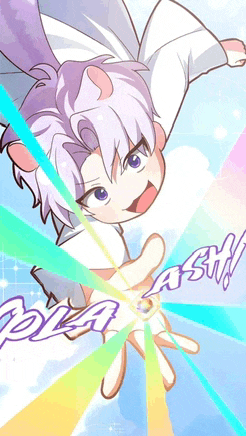 a cartoon character with purple hair is flying through the air and the word splash is visible behind him