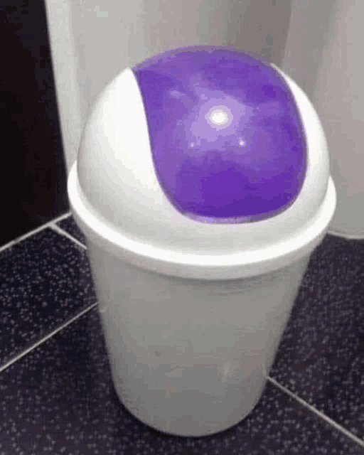 a white trash can with a purple lid is on a tiled floor in a bathroom .