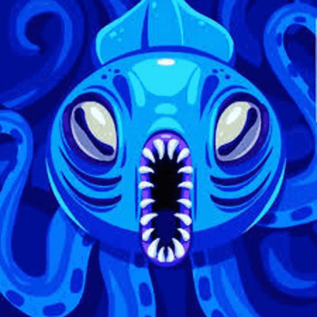 a cartoon illustration of a blue octopus with a purple mouth and tentacles .