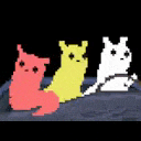 three pixel art cats are sitting next to each other on a rock .