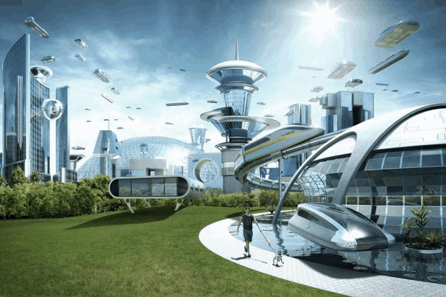 an artist 's impression of a futuristic city with flying vehicles in the sky