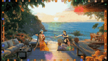a painting of two women dancing in front of a body of water