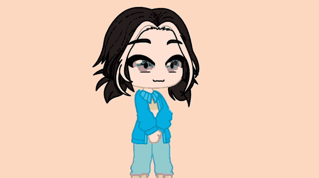 a cartoon character with black hair and white streaks is standing with her hands in the air .