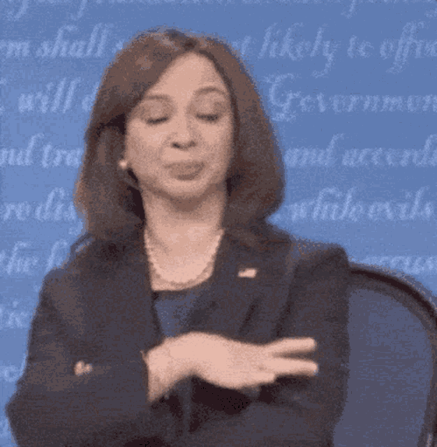 a woman in a suit and pearls stands in front of a blue background that says " i likely to offend government "