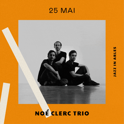 a poster for noe clerc trio with three men sitting on the floor