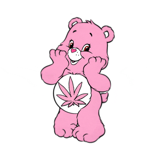 a pink care bear with a marijuana leaf on its chest