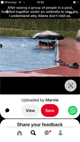 a phone screen shows a group of people in a pool under umbrellas