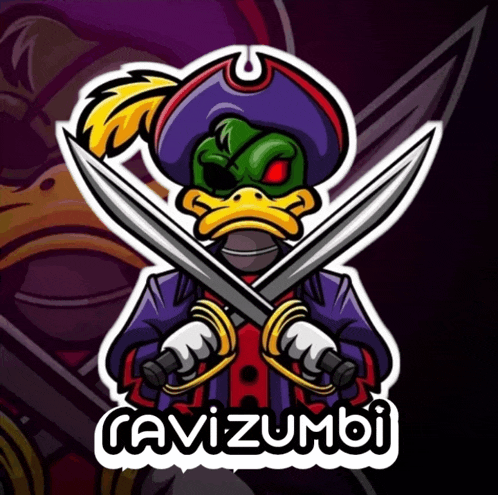 a cartoon of a pirate duck holding two swords with the name cavizumboi below it