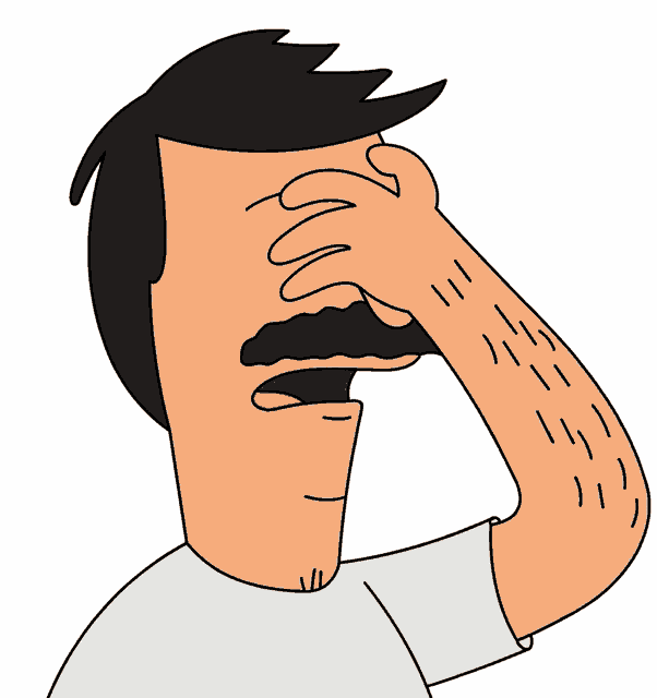 a cartoon man with a mustache covering his face with his hand