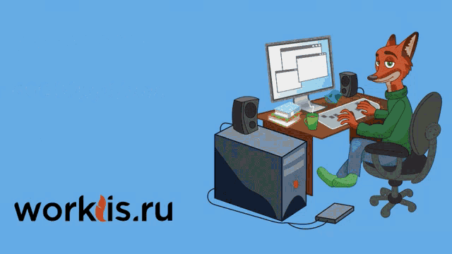 a cartoon of a fox sitting at a desk with a computer on it