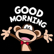 a cartoon monkey with a red bow tie is saying good morning .